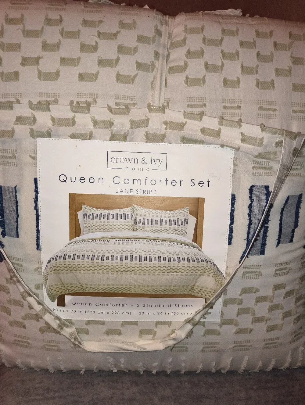 crown & ivy Jane Stripe Comforter Set in Sage and Navy Queen Size